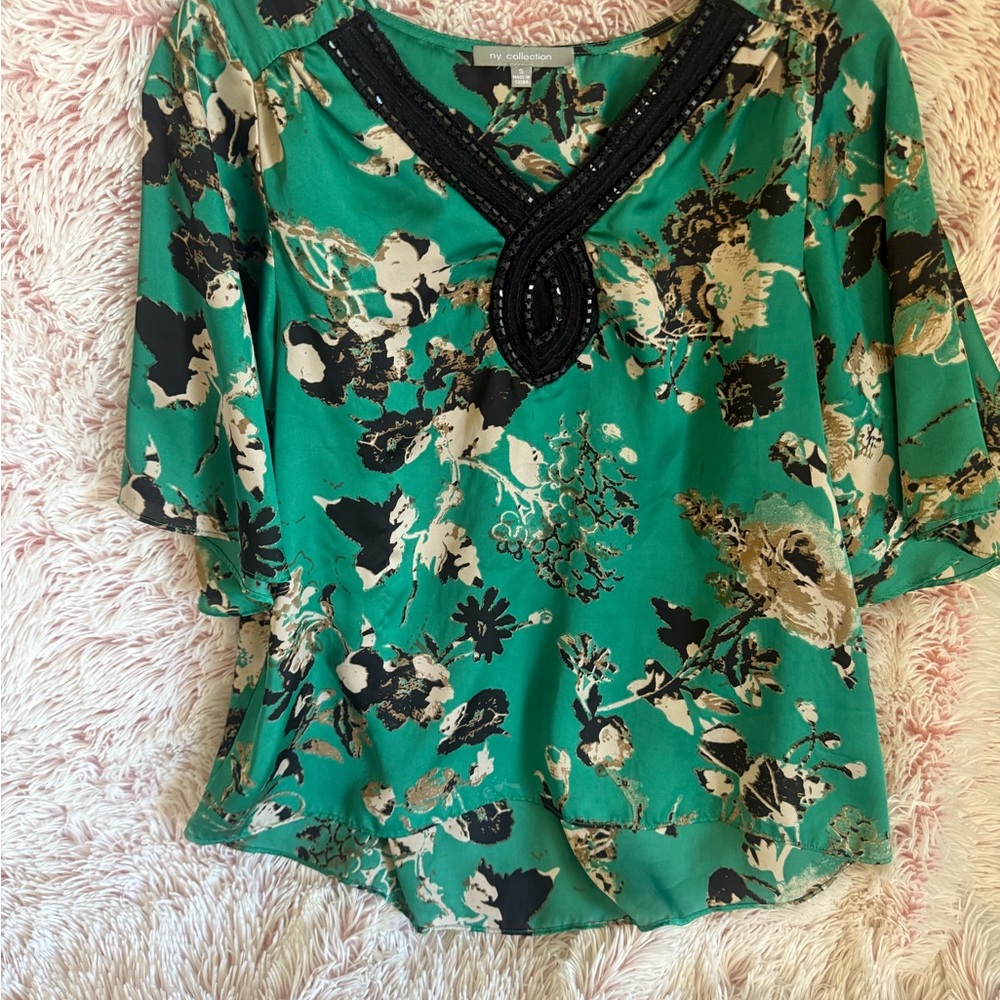 NY Collection Green Graphic 3/4 Sleeve Blouse - Picture 1 of 3
